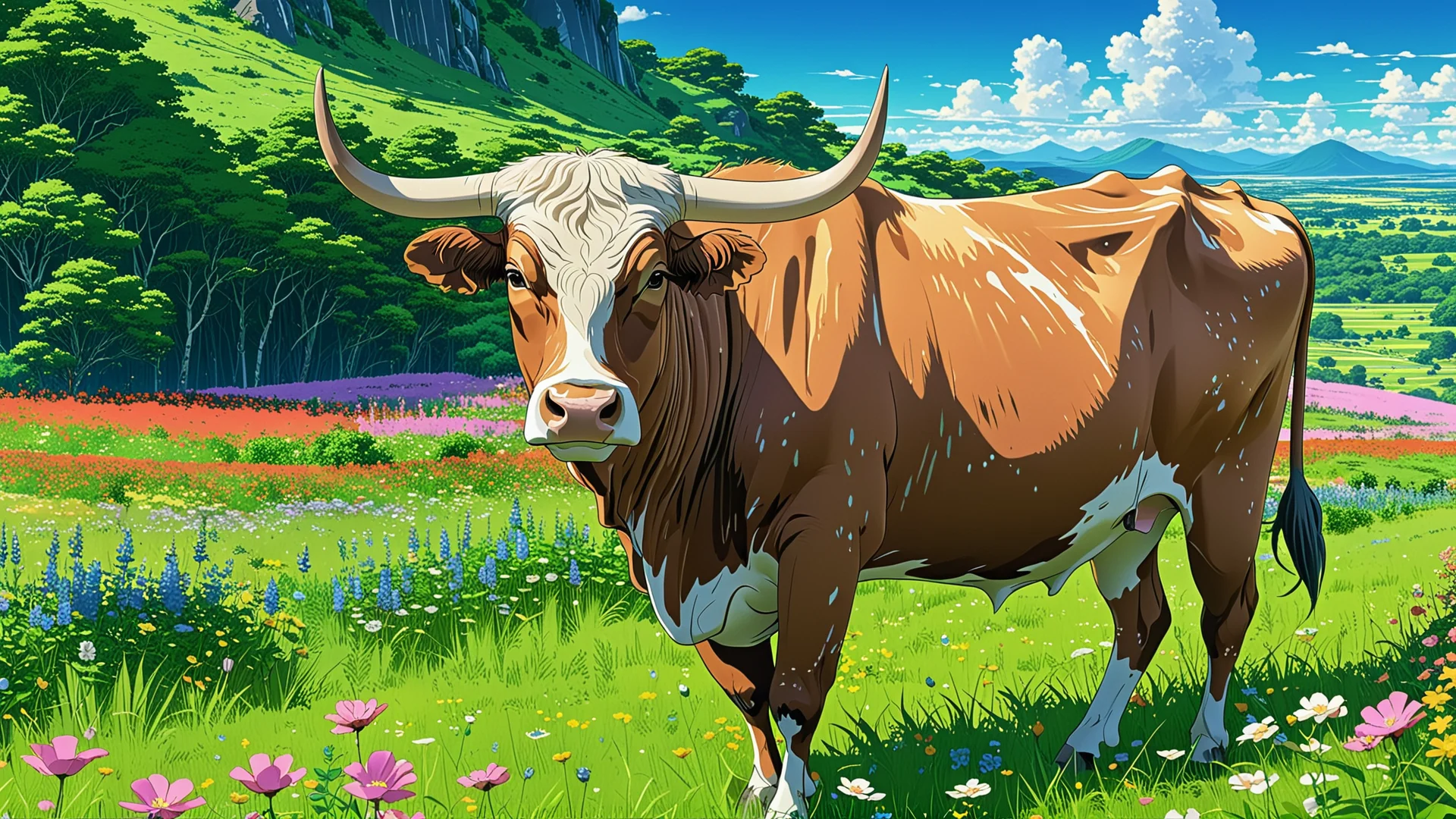 Captivating Anime Artwork of a Beautiful Bos Taurus in a Meadow