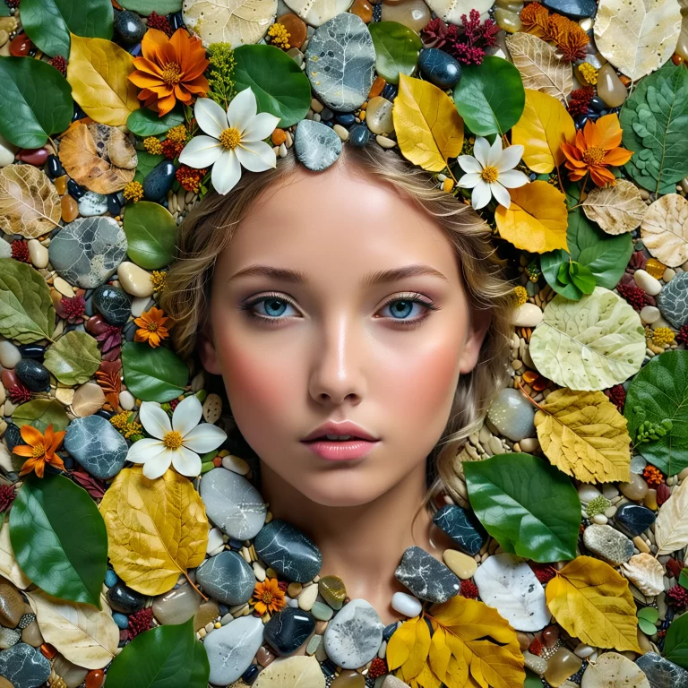 Stunning Collage Portrait of a Girl with Natural Materials