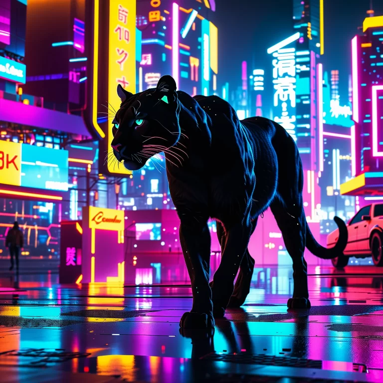 Stunning Black Cougar in Neon-Lit Cyberpunk Cityscape: Photorealistic Art