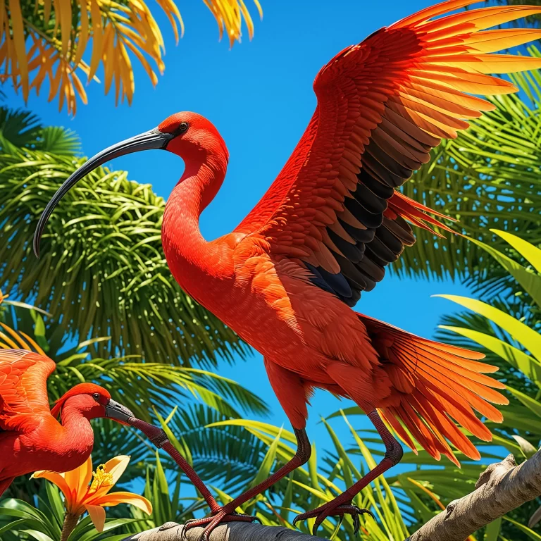 Dynamic Scarlet Ibis Training in Vibrant Tropical Scene