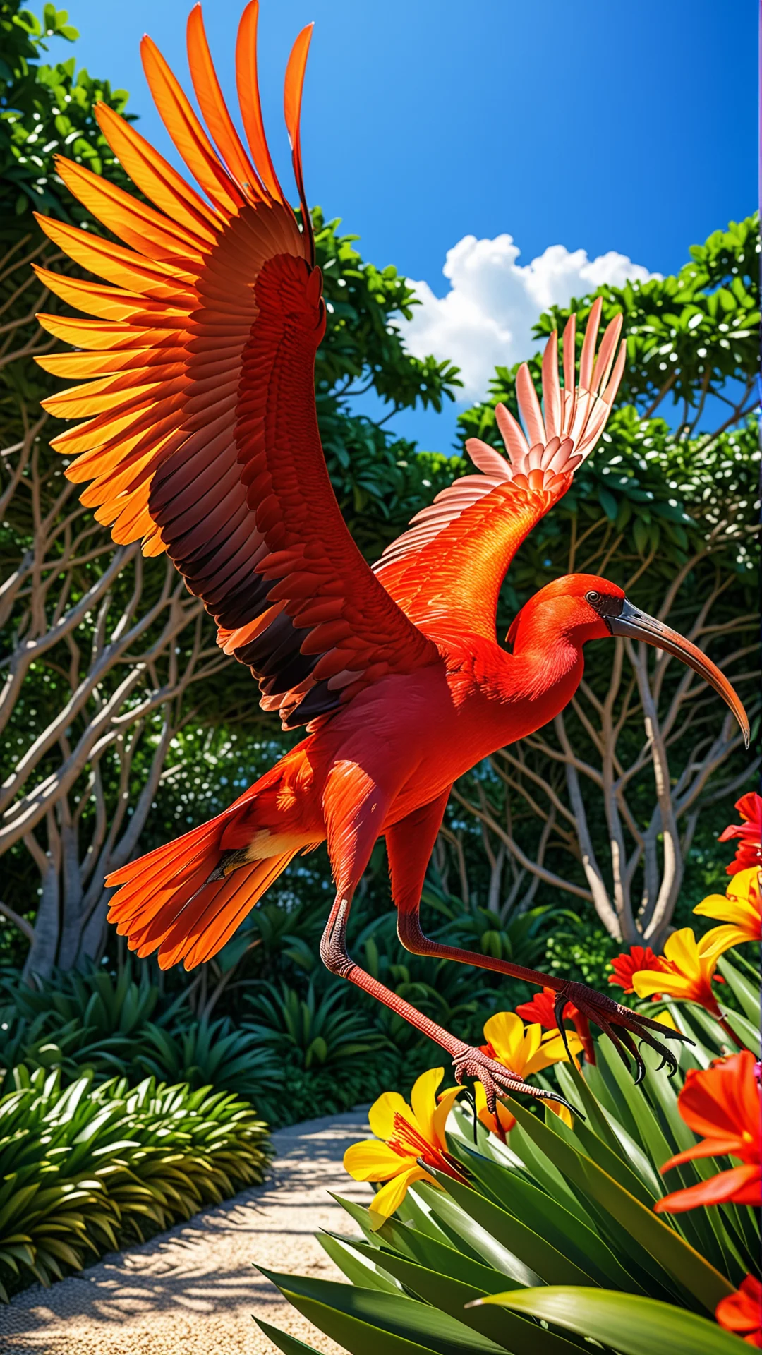 Dynamic Scarlet Ibis Training in Vibrant Tropical Scene