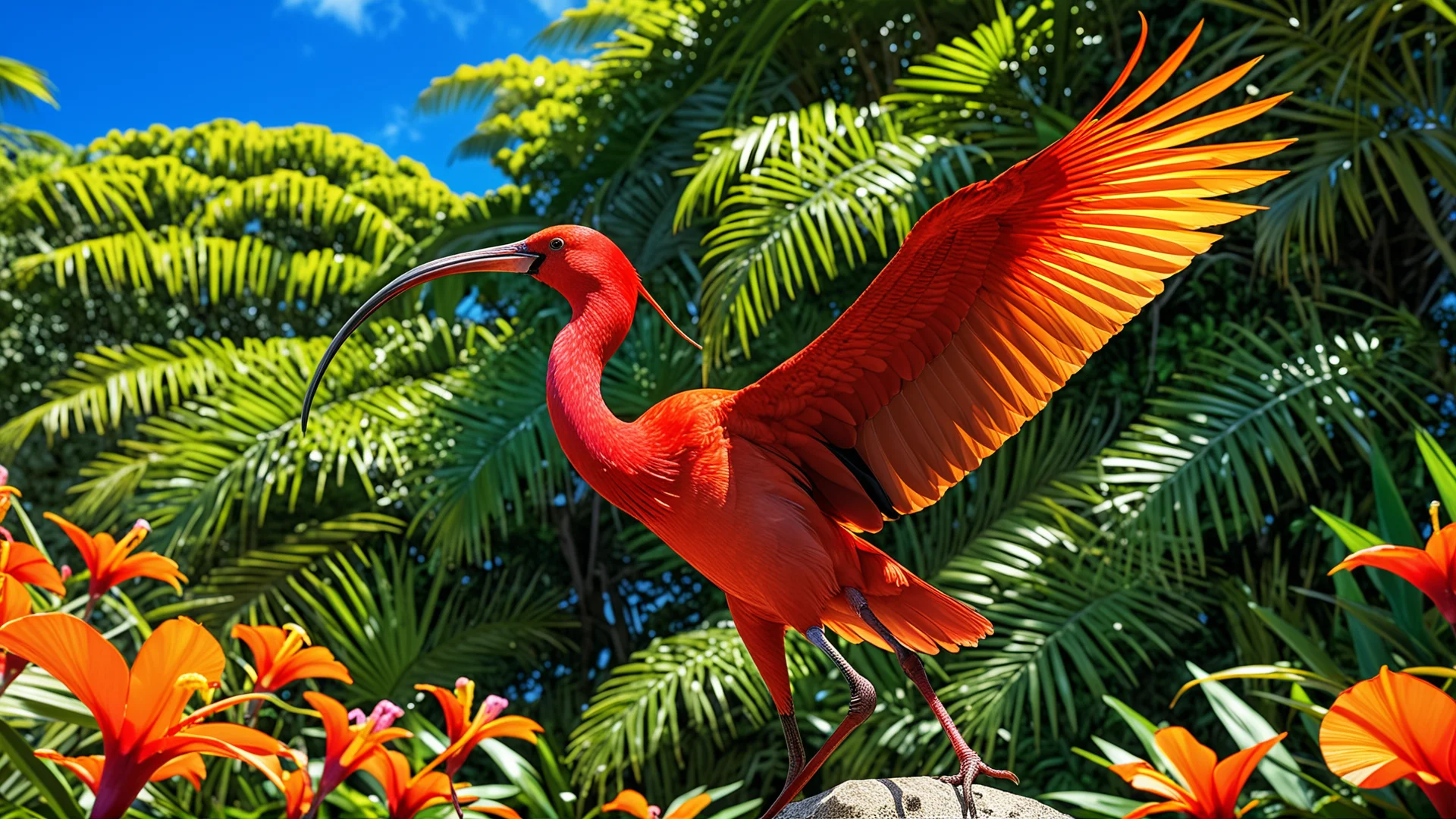 Dynamic Scarlet Ibis Training in Vibrant Tropical Scene