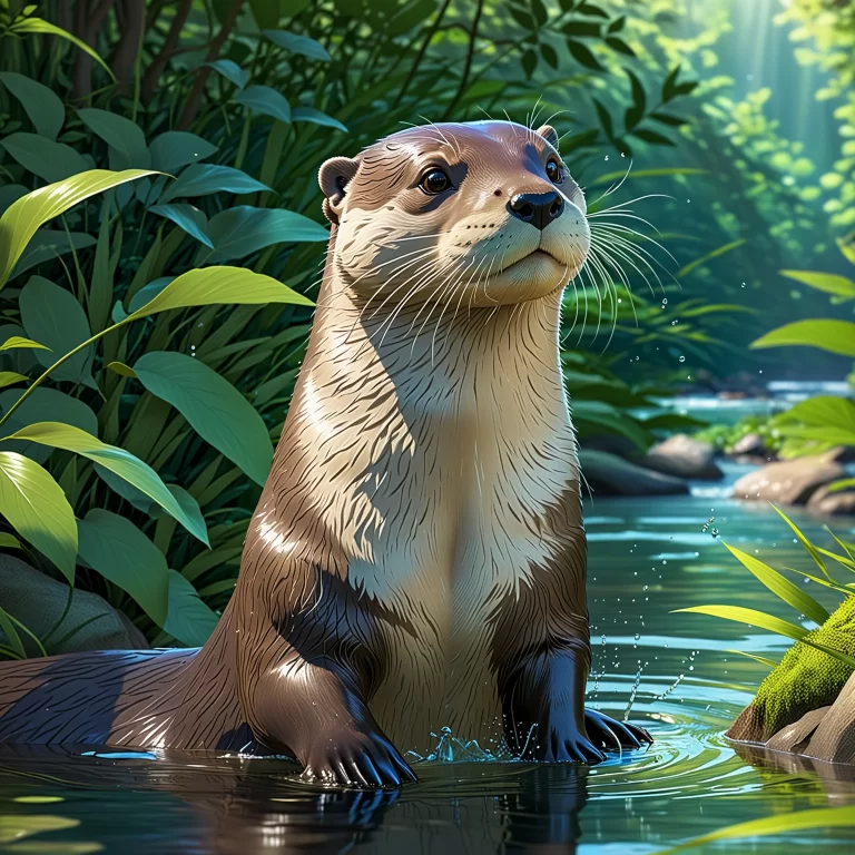 Serene Digital Painting of a Playful European Otter in a Lush Forest