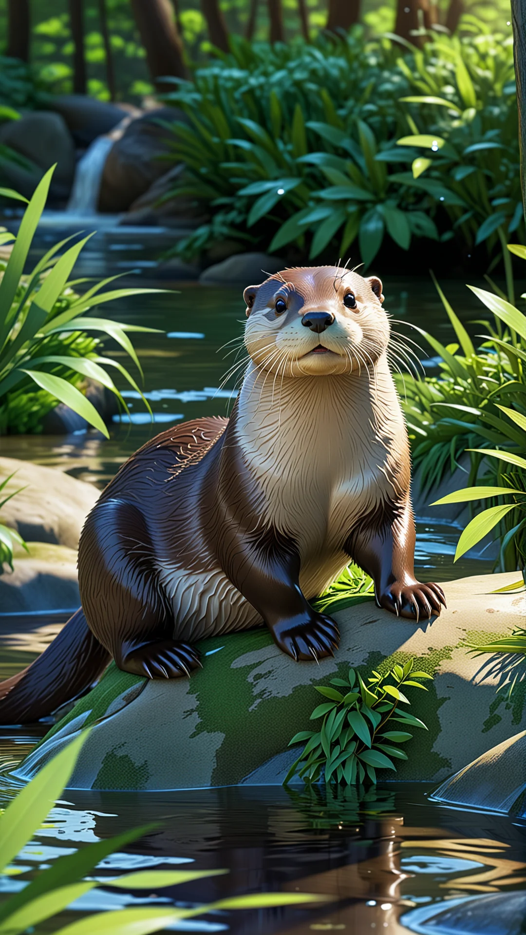 Serene Digital Painting of a Playful European Otter in a Lush Forest