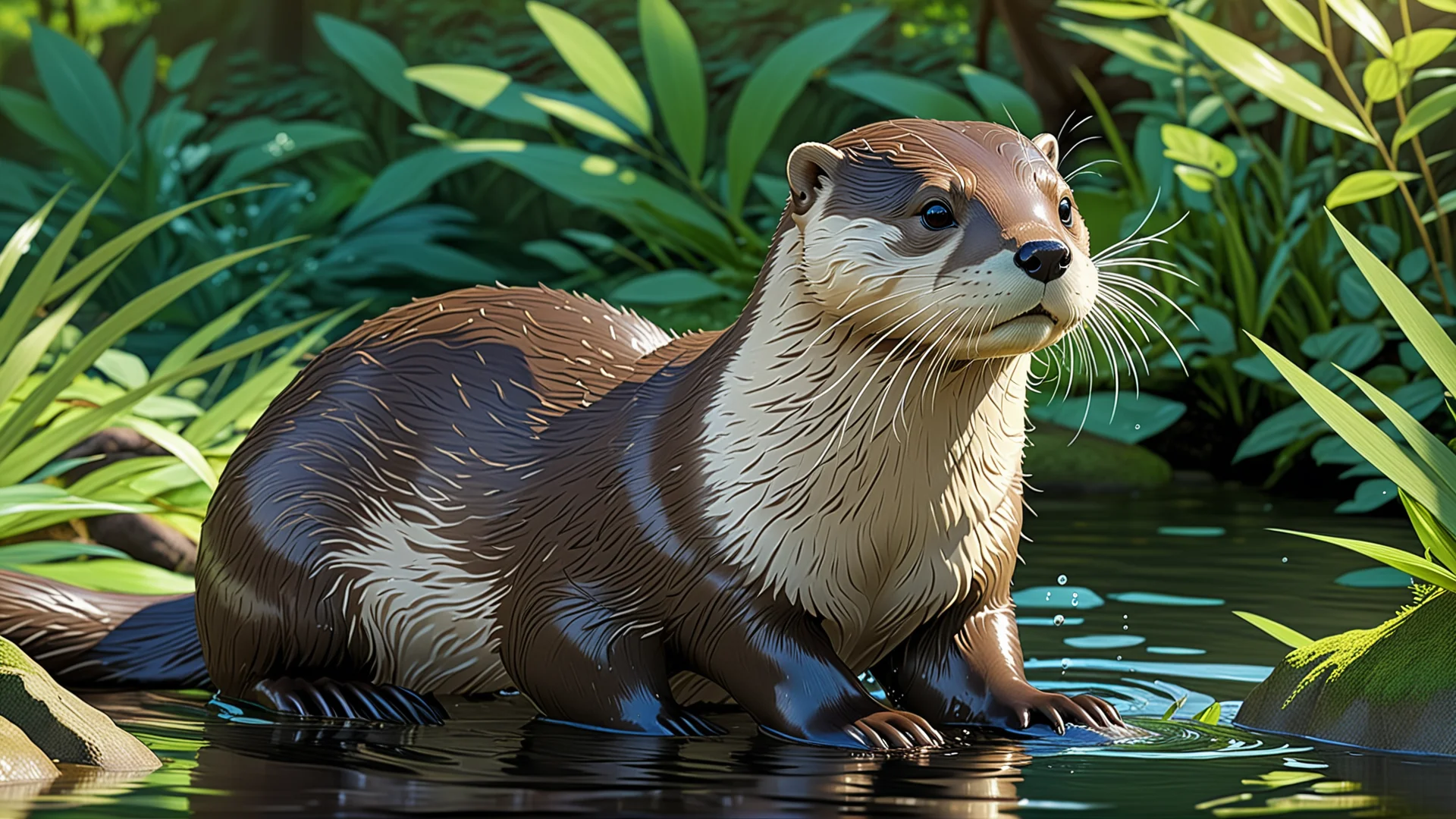 Serene Digital Painting of a Playful European Otter in a Lush Forest