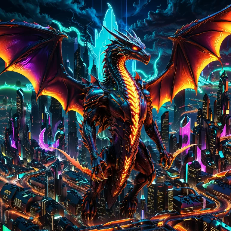 Futuristic Cyberpunk Dragon Soaring Over Neon Cityscape