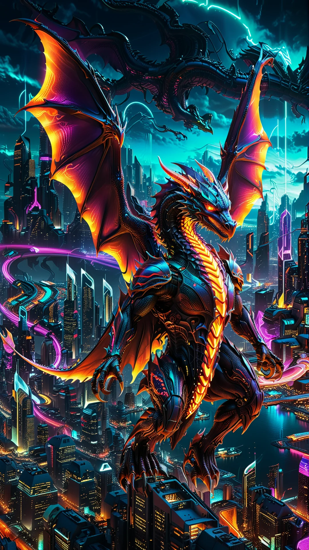 Futuristic Cyberpunk Dragon Soaring Over Neon Cityscape