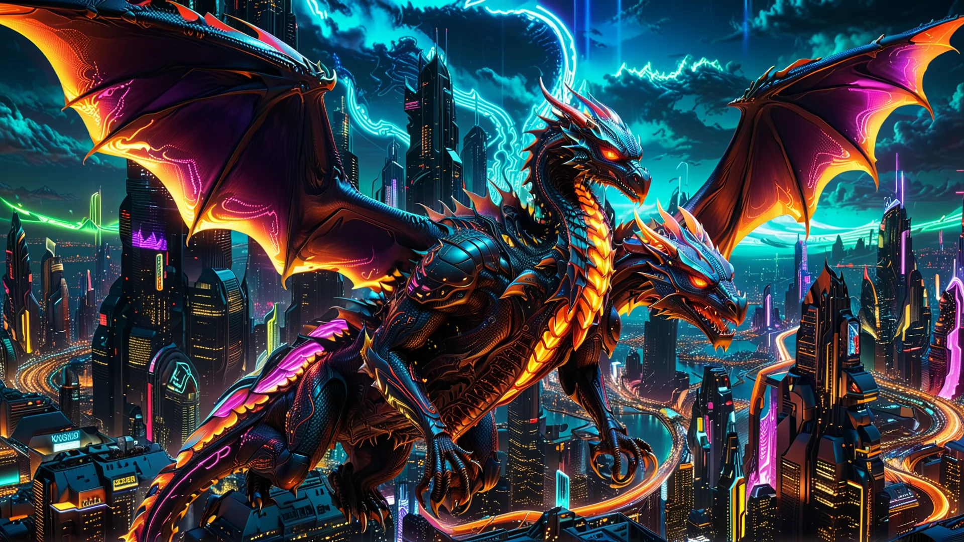 Futuristic Cyberpunk Dragon Soaring Over Neon Cityscape