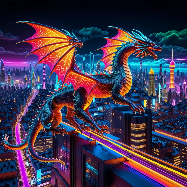 Vibrant Neon Dragon Soars Over Futuristic Cyberpunk Cityscape