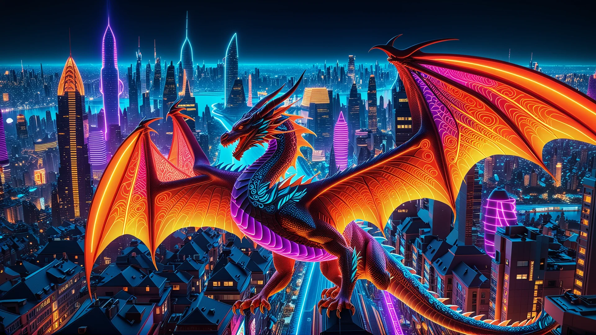 Vibrant Neon Dragon Soars Over Futuristic Cyberpunk Cityscape