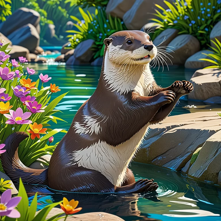 Playful Otter Training in a Vibrant Studio Ghibli-Inspired Scene