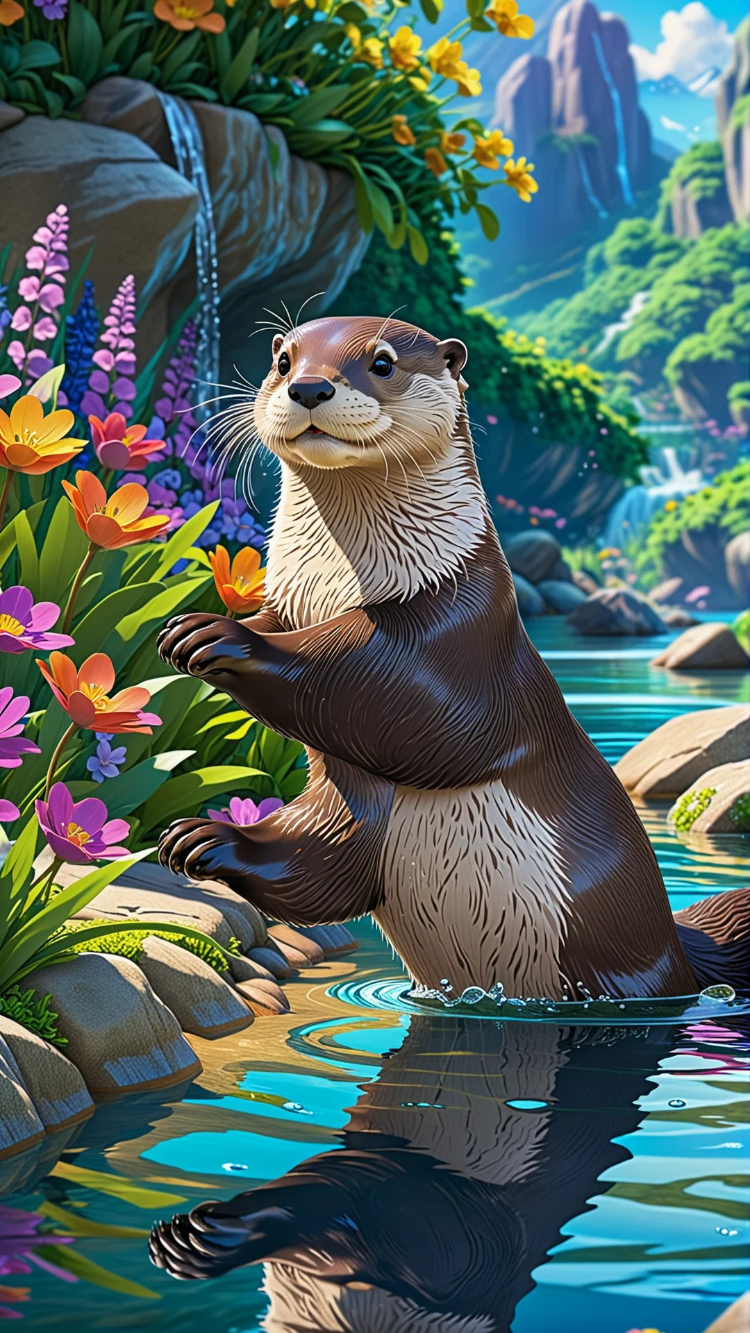 Playful Otter Training in a Vibrant Studio Ghibli-Inspired Scene