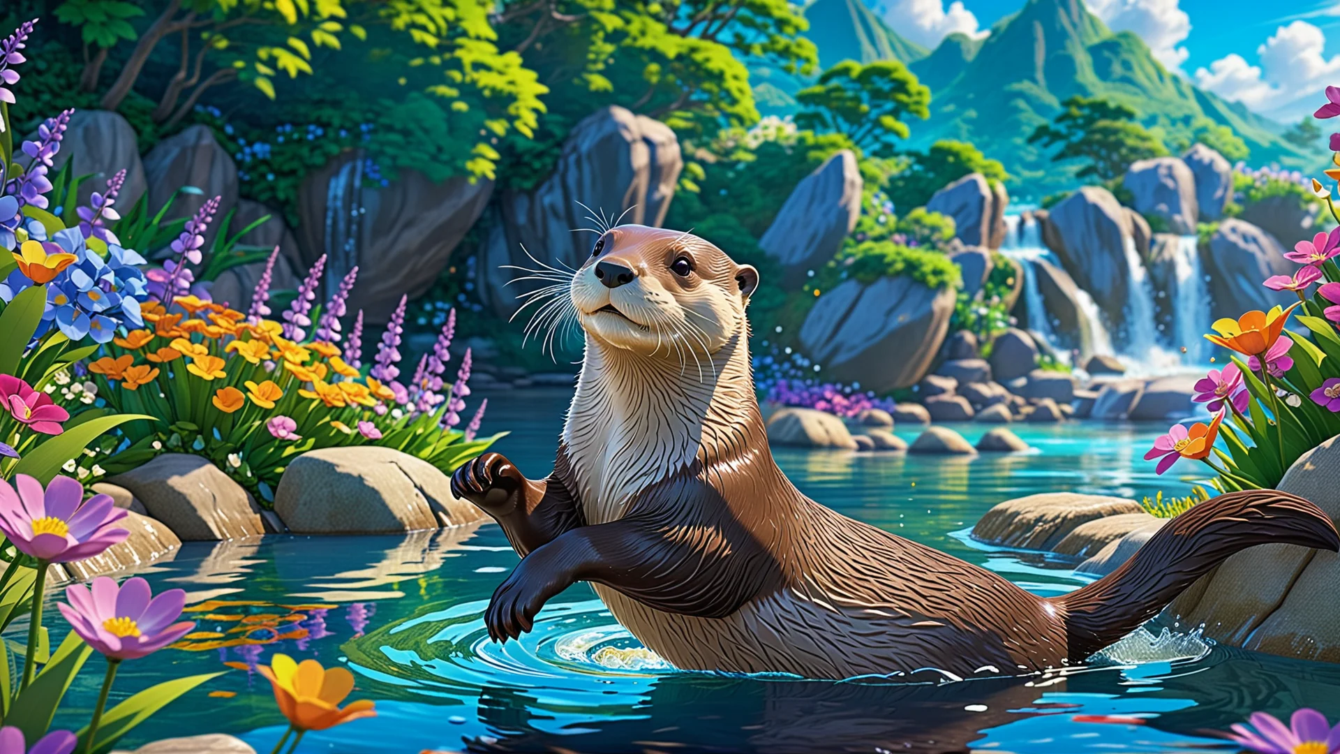 Playful Otter Training in a Vibrant Studio Ghibli-Inspired Scene