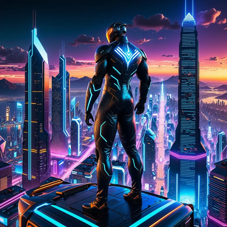 Futuristic Cyberpunk Superhero Overlooking Neon Cityscape