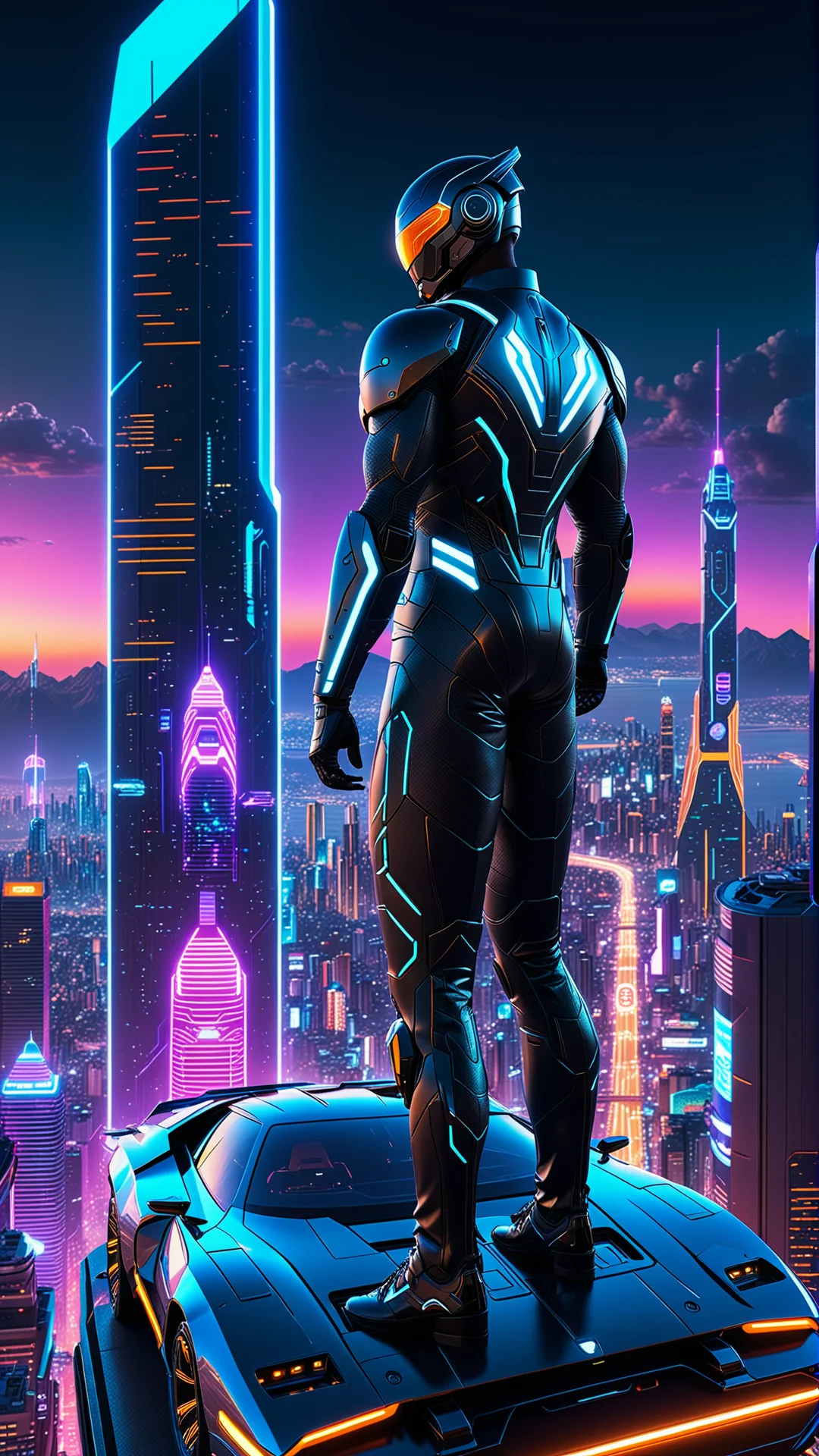 Futuristic Cyberpunk Superhero Overlooking Neon Cityscape