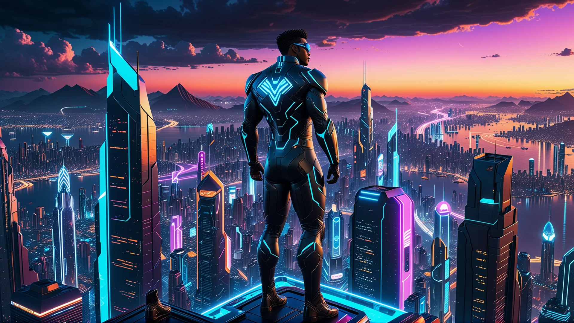 Futuristic Cyberpunk Superhero Overlooking Neon Cityscape