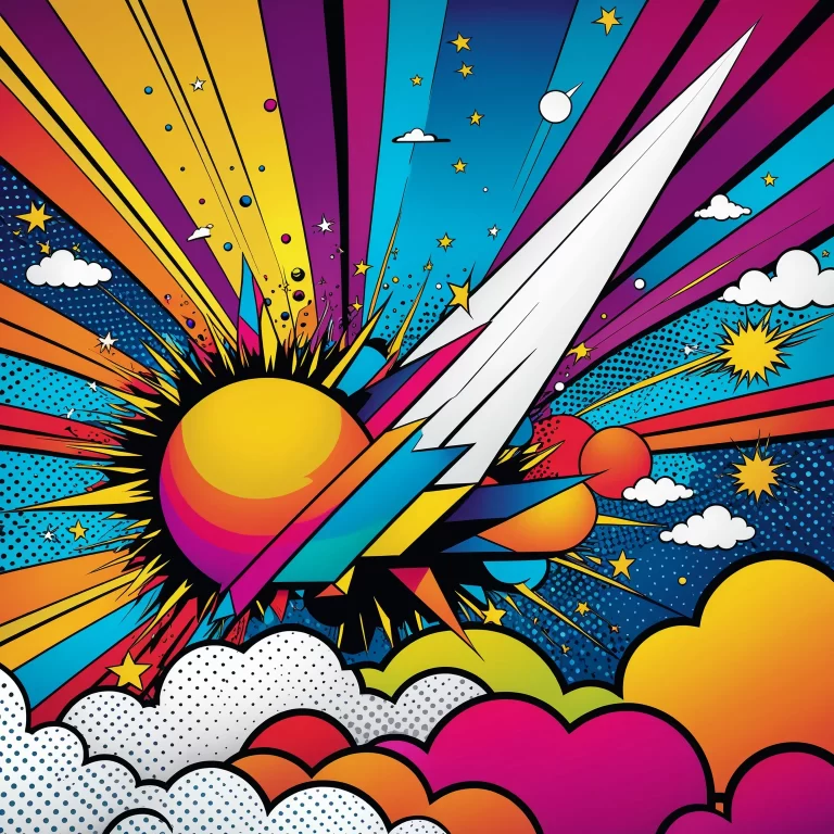 Vibrant Pop Art Comet Soars in Surreal Abstract Sky