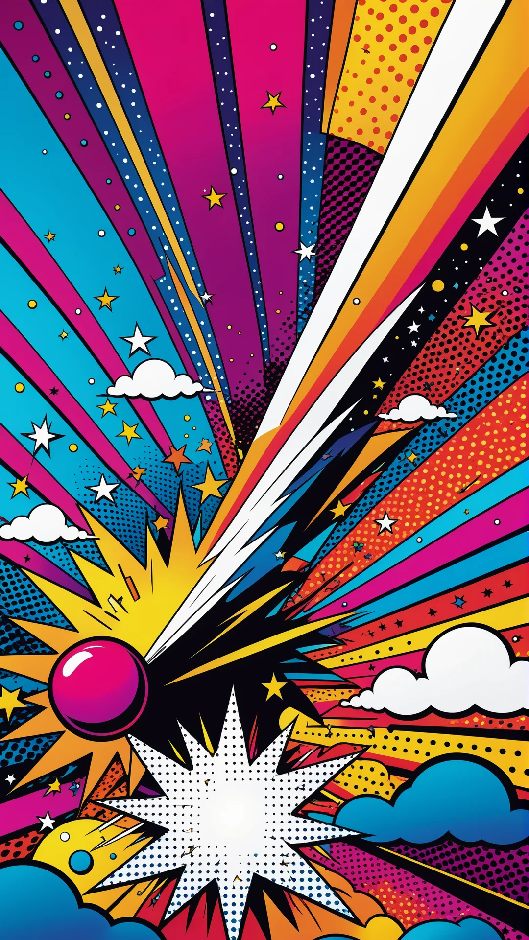 Vibrant Pop Art Comet Soars in Surreal Abstract Sky