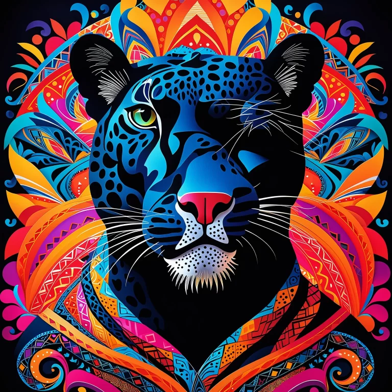 Vibrant Art: Black Cougar Weaving Colorful Patterns in Surreal Style