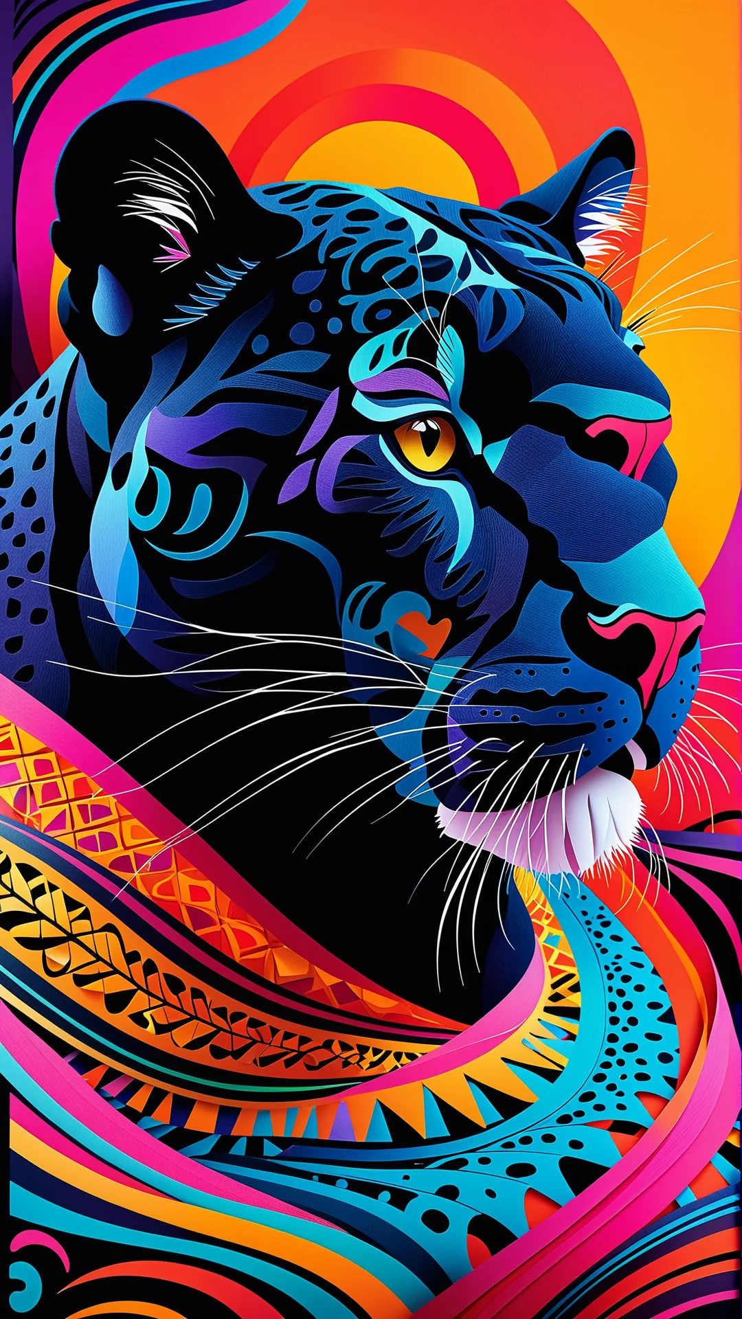 Vibrant Art: Black Cougar Weaving Colorful Patterns in Surreal Style