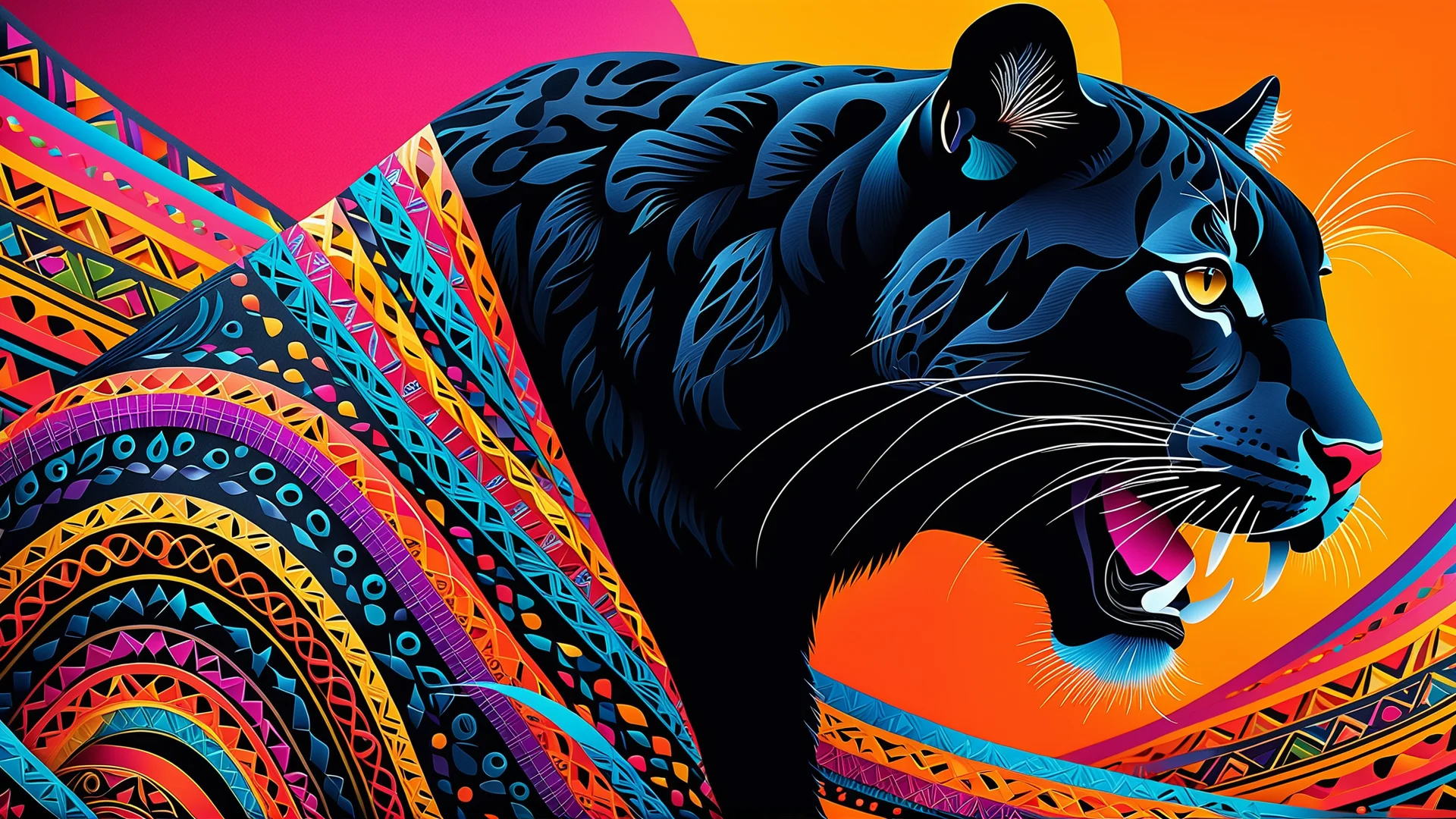 Vibrant Art: Black Cougar Weaving Colorful Patterns in Surreal Style