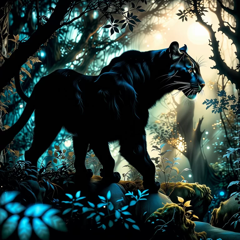 Majestic Black Cougar in an Enchanted Moonlit Forest