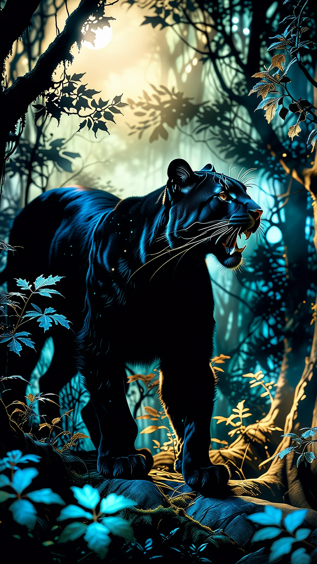 Majestic Black Cougar in an Enchanted Moonlit Forest