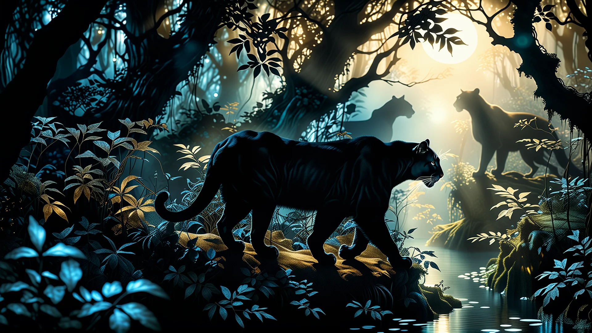 Majestic Black Cougar in an Enchanted Moonlit Forest