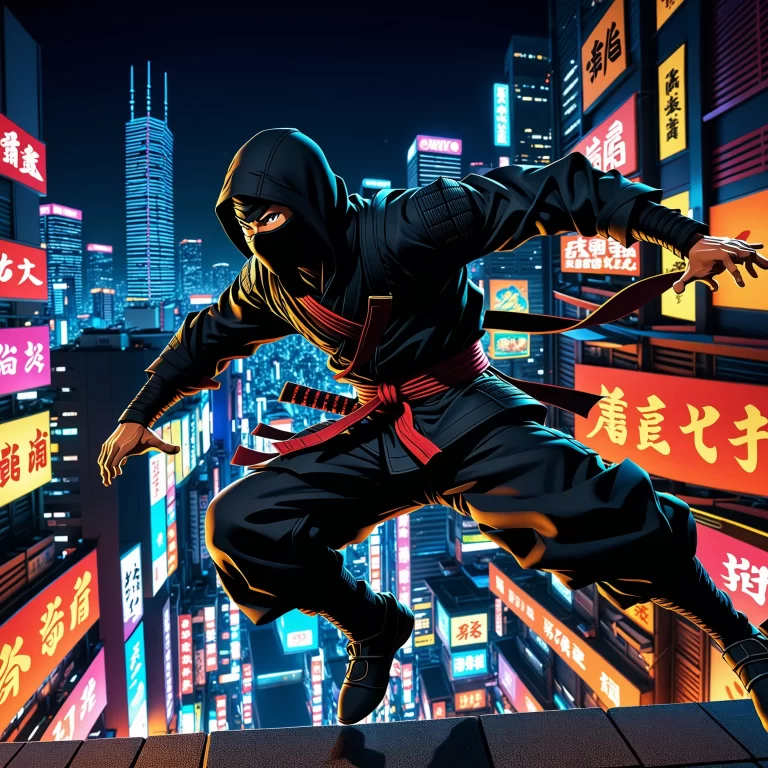 Dynamic Ninja Action in a Vivid Cityscape: Manga Style Adventure