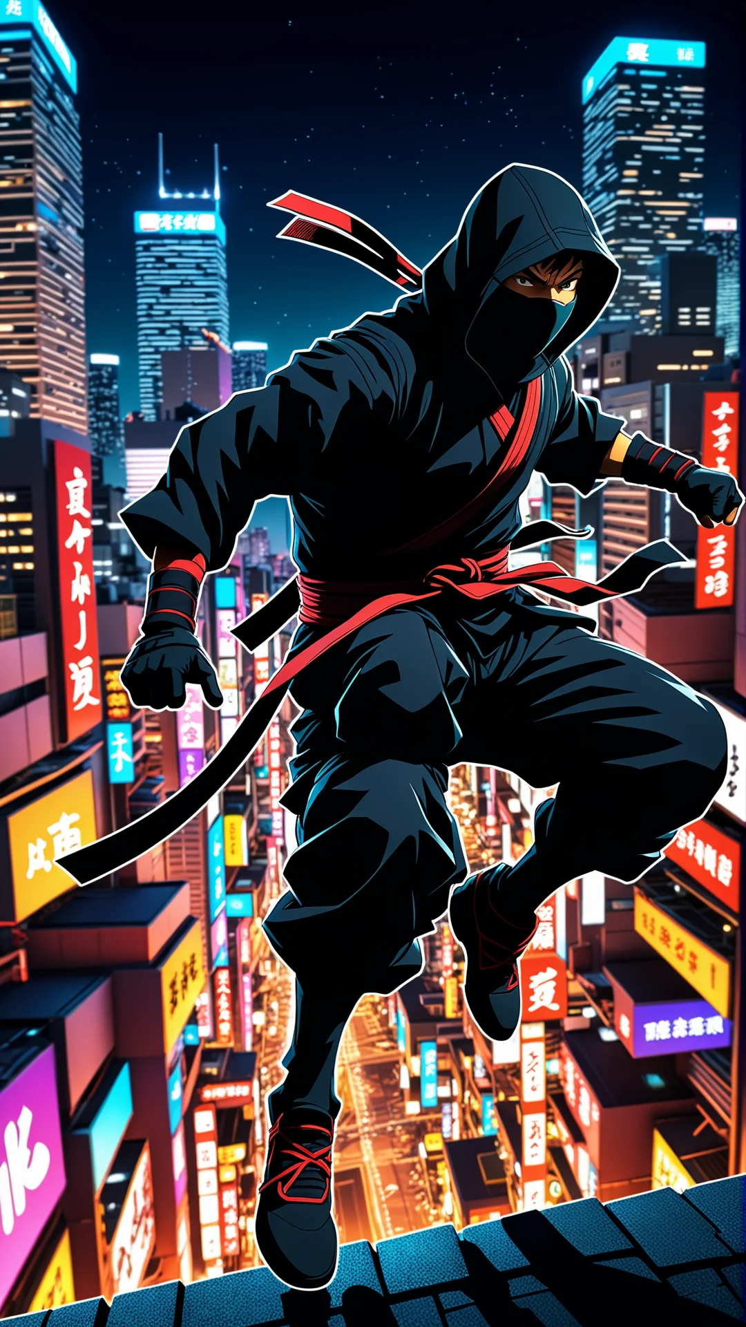 Dynamic Ninja Action in a Vivid Cityscape: Manga Style Adventure