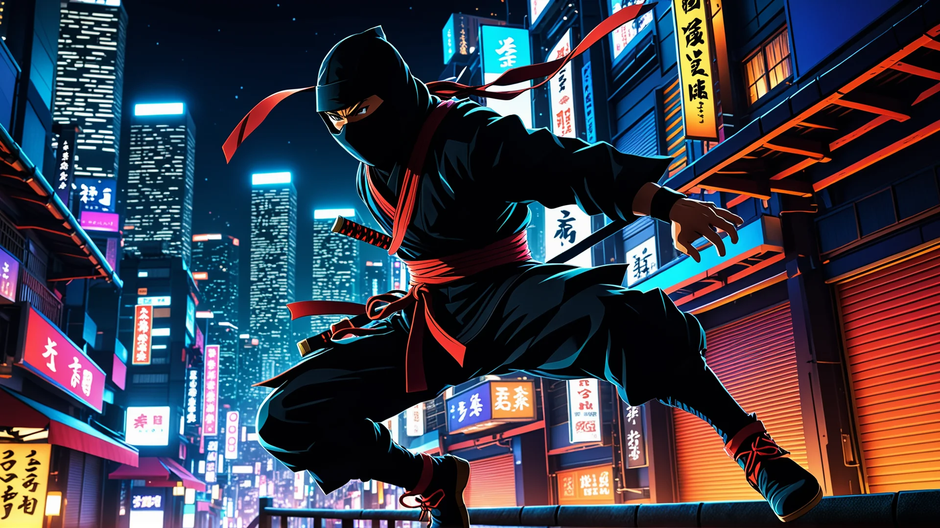 Dynamic Ninja Action in a Vivid Cityscape: Manga Style Adventure