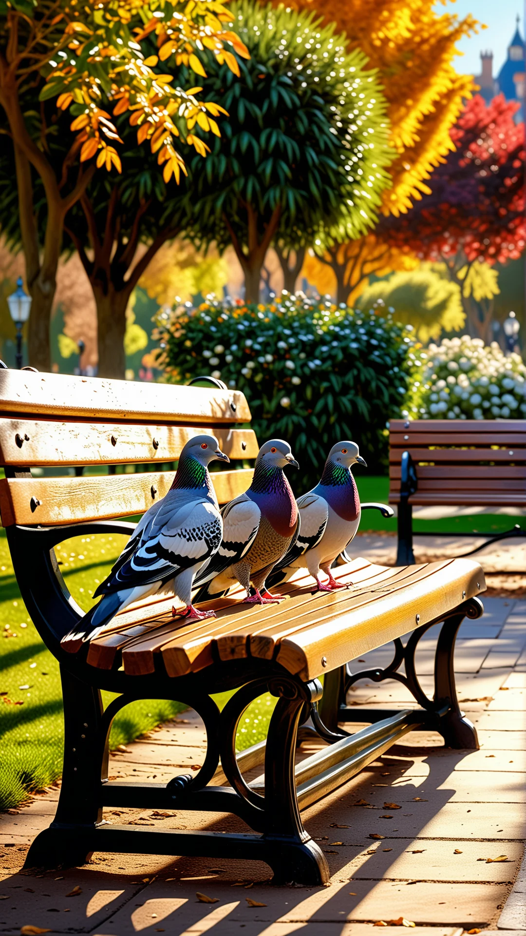 Serene Sunlit Park Scene with Pigeons: A Photorealistic Artwork