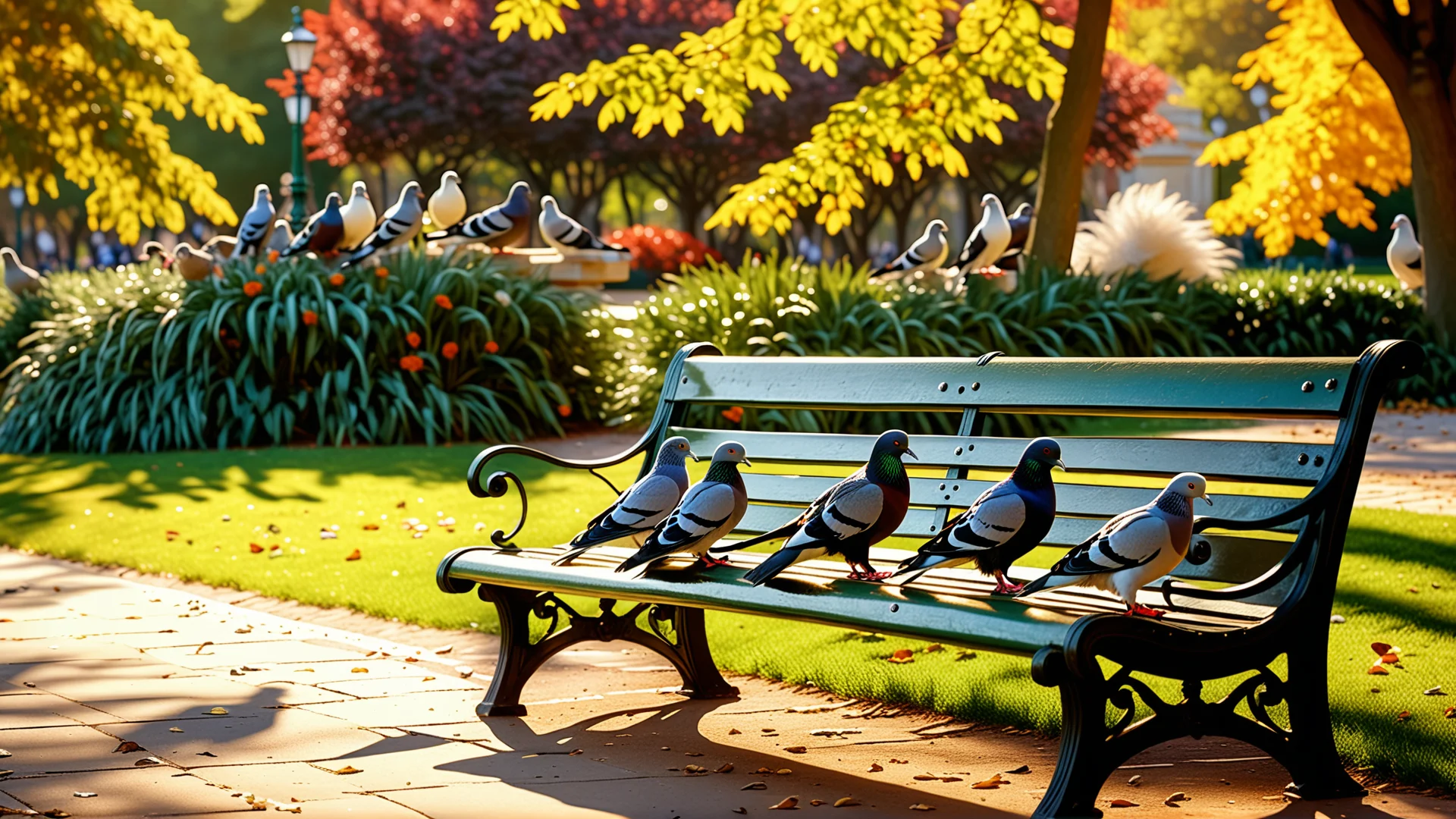 Serene Sunlit Park Scene with Pigeons: A Photorealistic Artwork