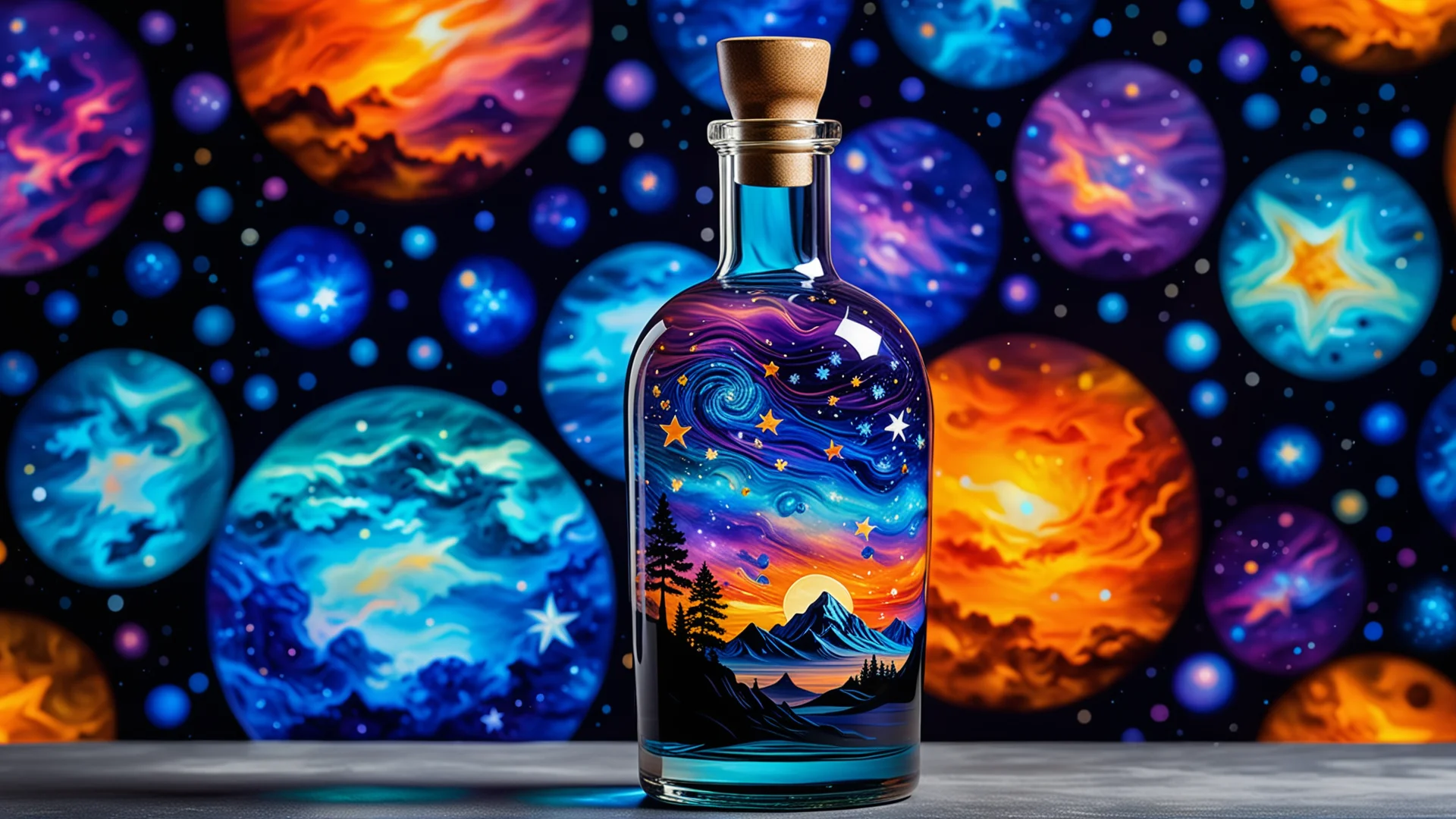 Stunning Cosmic Glass Bottle Art with Vivid Celestial Patterns