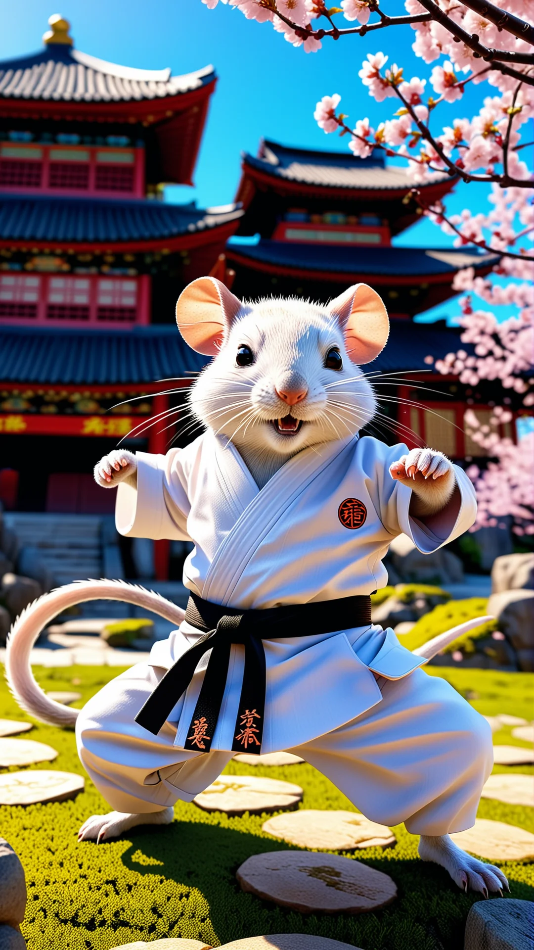 Karate Rattus Rattus in a Vibrant Anime Cherry Blossom Landscape