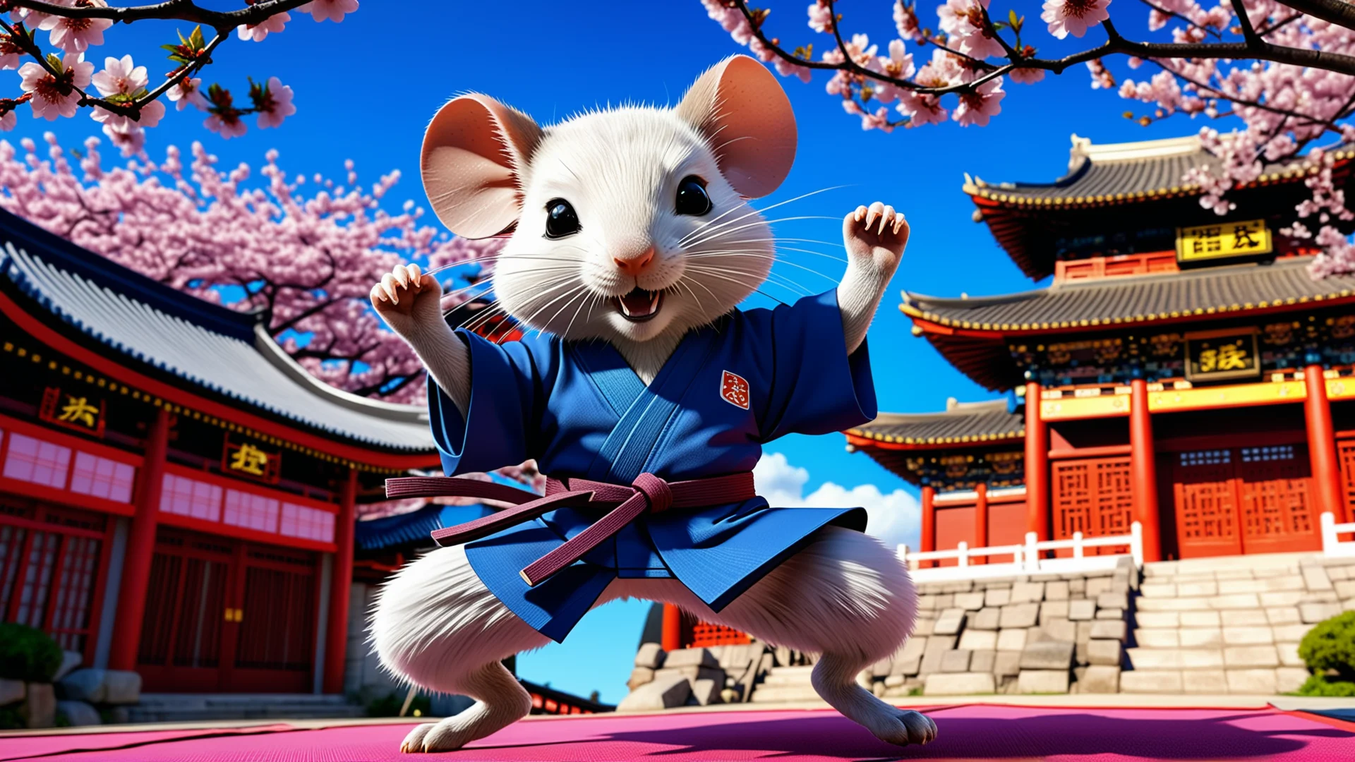 Karate Rattus Rattus in a Vibrant Anime Cherry Blossom Landscape