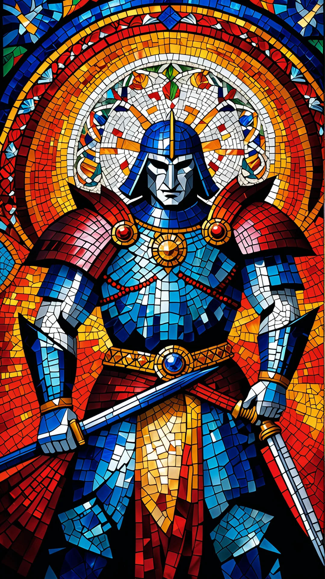 Stunning Glass Mosaic of a Fierce Berserk Warrior in Vivid Colors