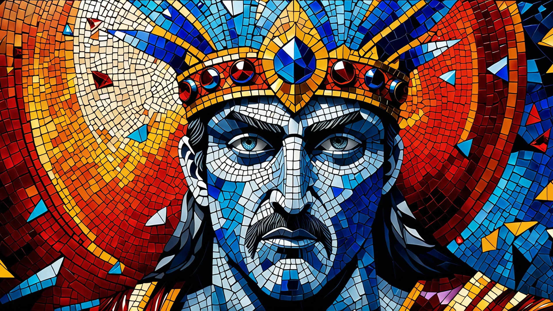 Stunning Glass Mosaic of a Fierce Berserk Warrior in Vivid Colors