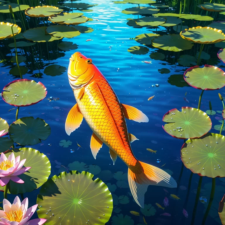 Anime-Style Common Carp in Tranquil Pond with Water Lilies