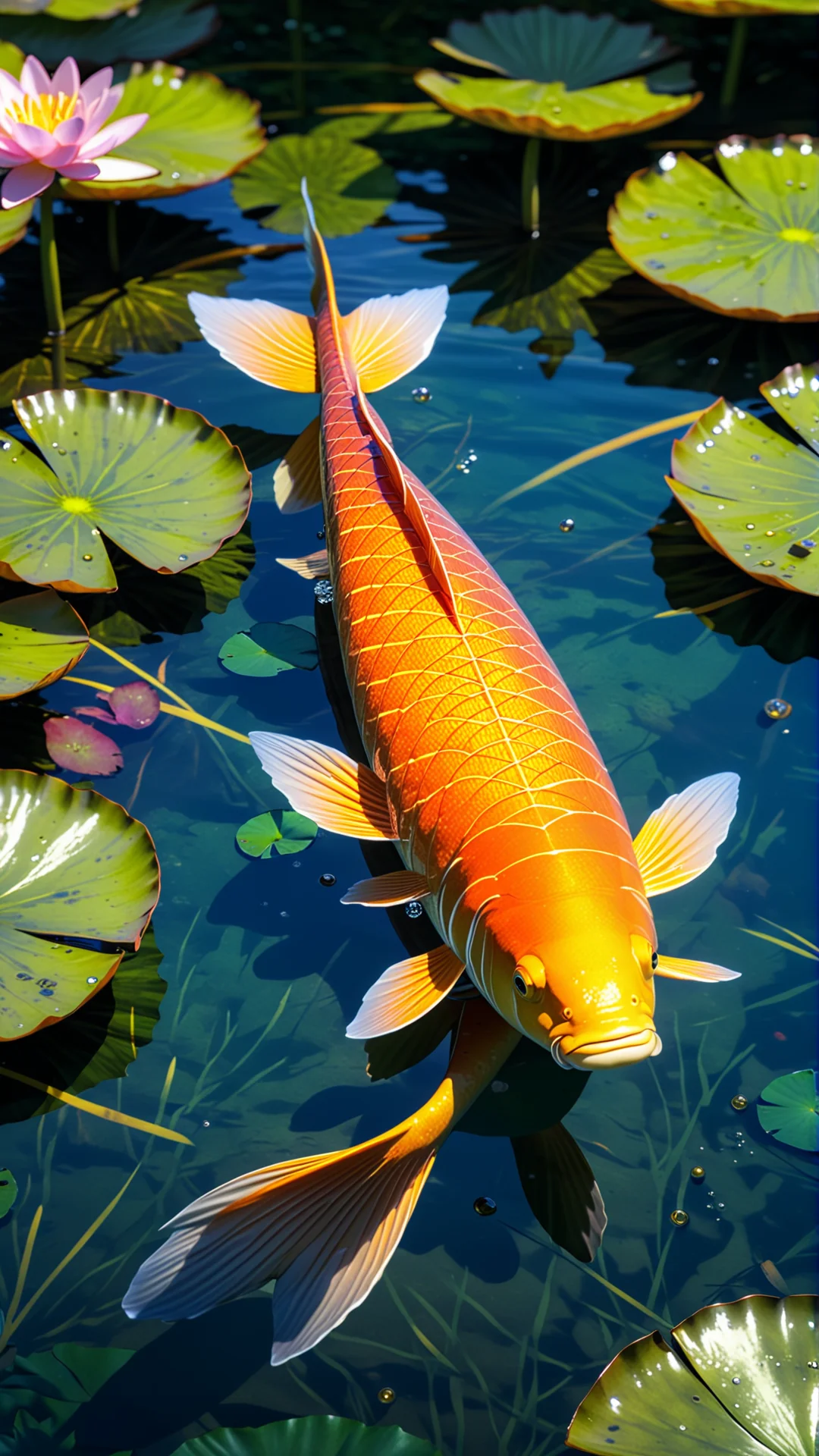 Anime-Style Common Carp in Tranquil Pond with Water Lilies