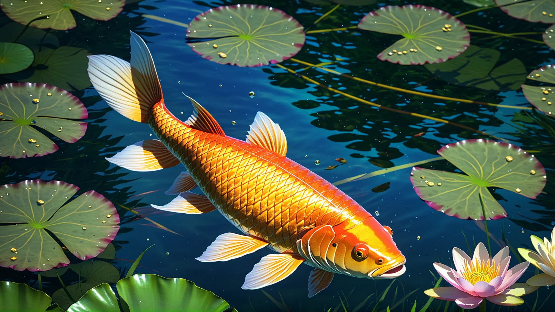 Anime-Style Common Carp in Tranquil Pond with Water Lilies