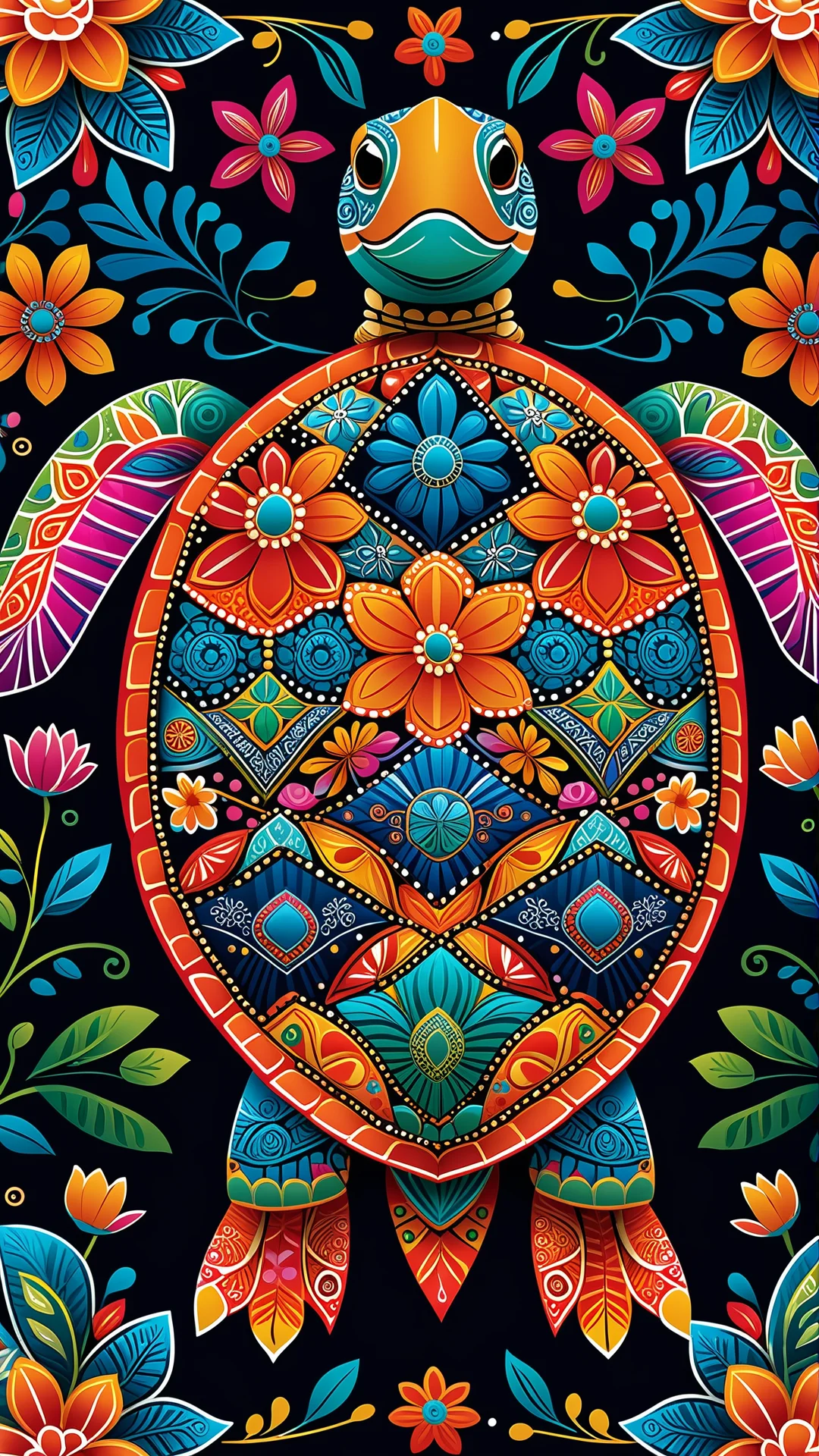 Vibrant Folk Art Turtle Illustration with Intricate Patterns and Colors