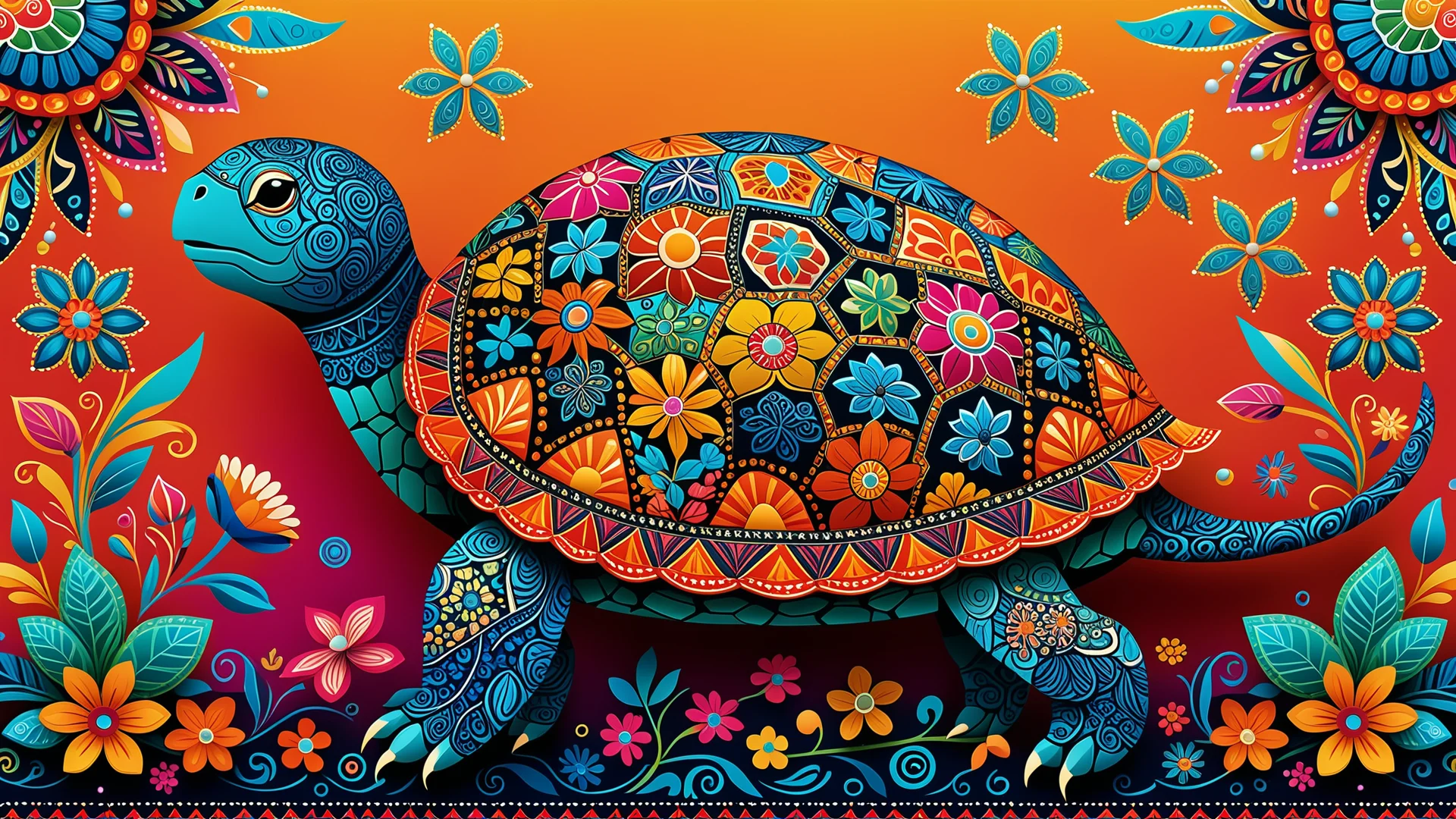 Vibrant Folk Art Turtle Illustration with Intricate Patterns and Colors