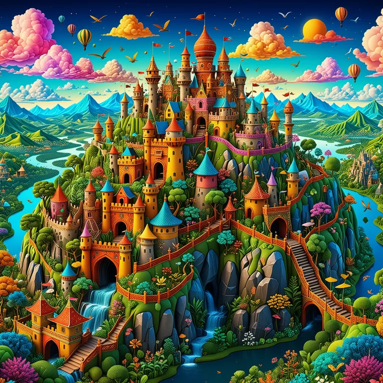 Vibrant Folk Art: AI-Driven Forts in Enchanting Landscapes