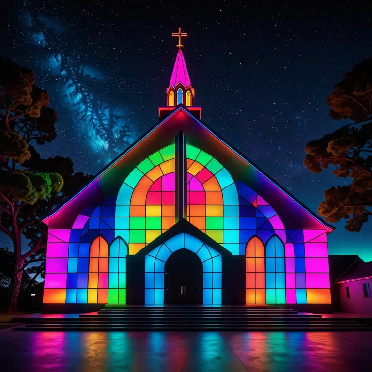 Futuristic Neon Church Art: Vibrant Digital Masterpiece in 8K Resolution