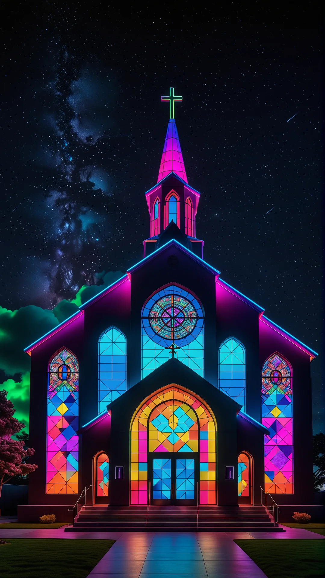 Futuristic Neon Church Art: Vibrant Digital Masterpiece in 8K Resolution