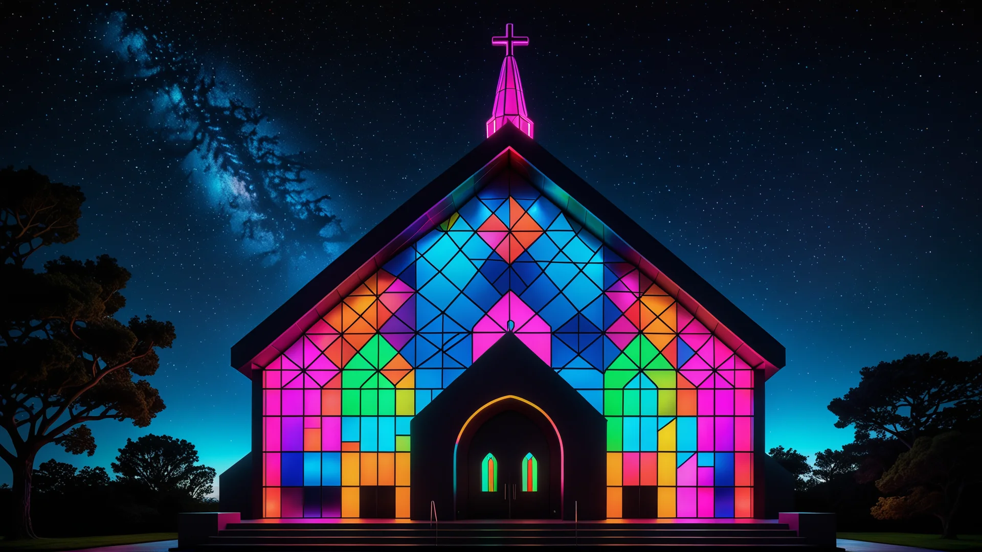 Futuristic Neon Church Art: Vibrant Digital Masterpiece in 8K Resolution