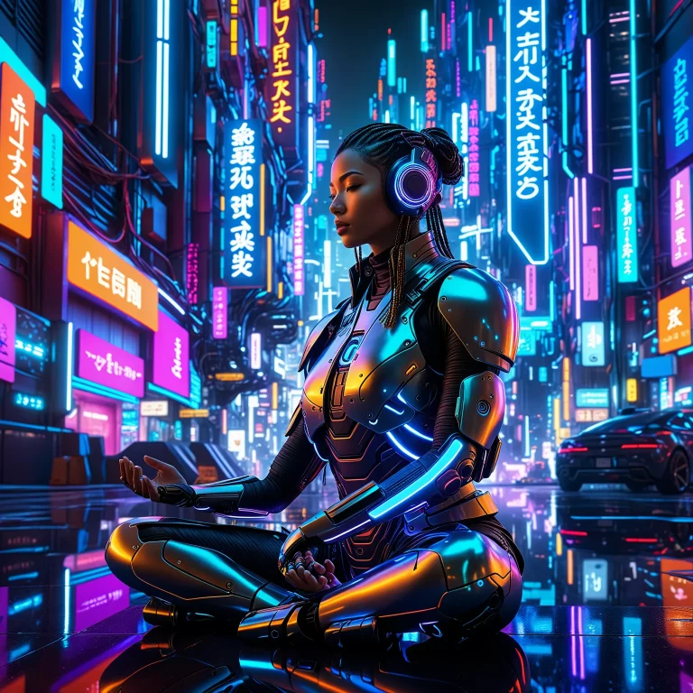 Cyberpunk Sage Meditating in a Neon-Futuristic Cityscape