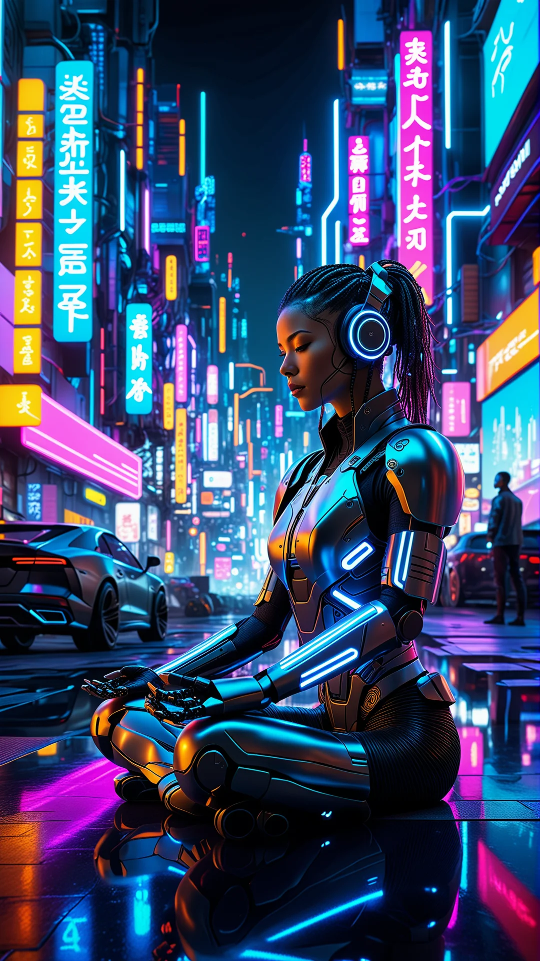 Cyberpunk Sage Meditating in a Neon-Futuristic Cityscape