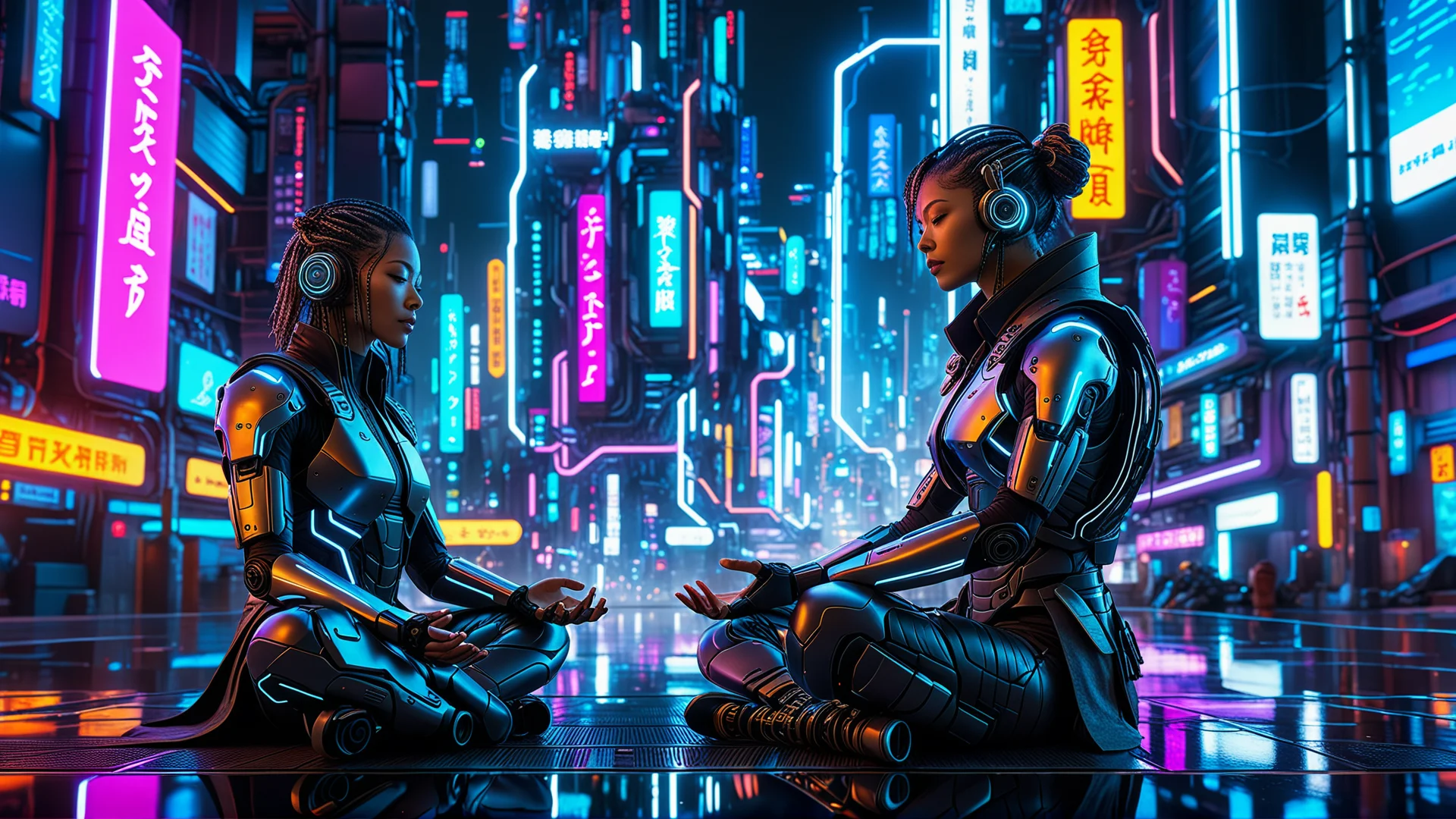 Cyberpunk Sage Meditating in a Neon-Futuristic Cityscape